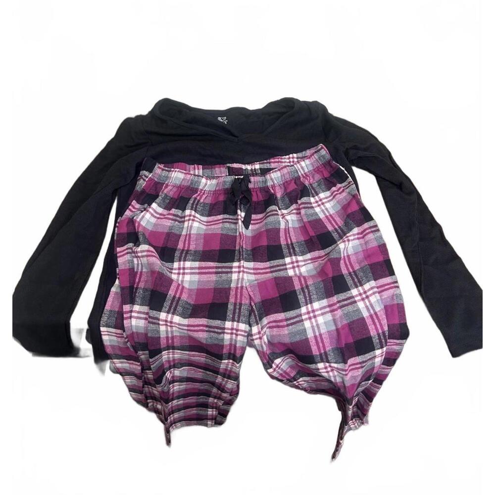 Fruit of the Loom Pink, White & Black PJ Set (M)- Waffle Top & Flannel Bottoms